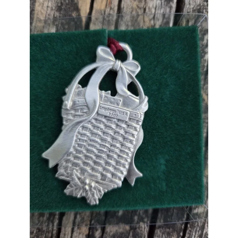 4 Longaberger Pewter Baskets 1998, 1999, 2000, 2002 Christmas Ornaments 77455‎